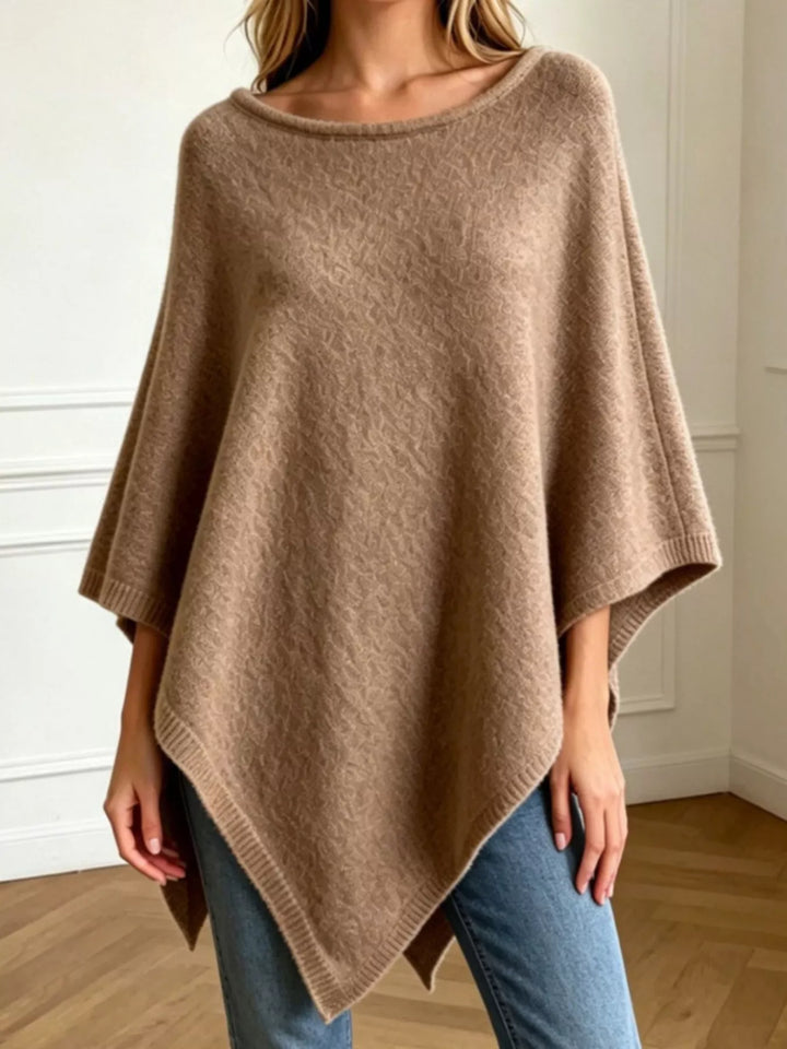 Khaki Asymmetrical hem textured knit poncho with ribbed crew neck
