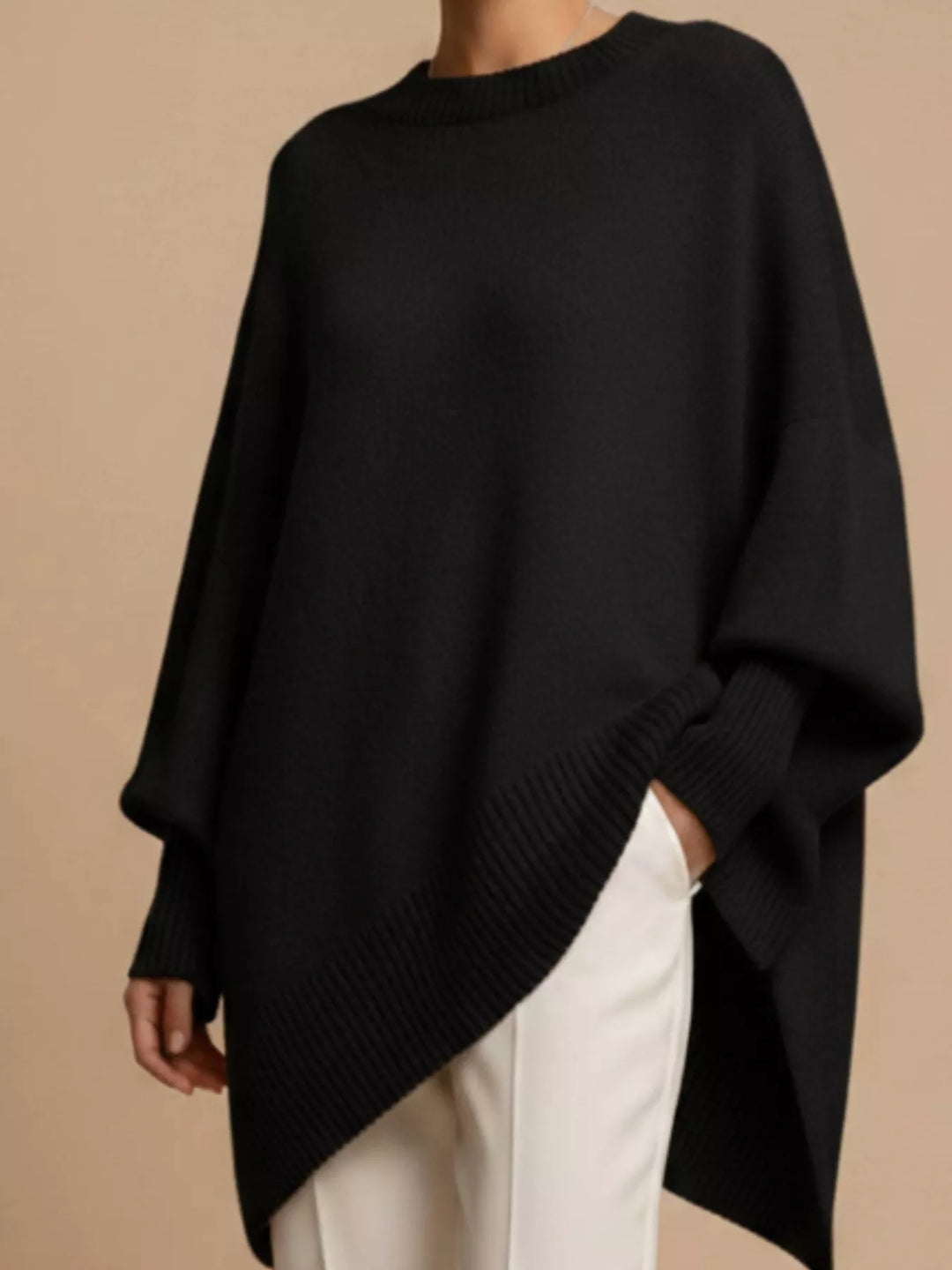 Black Batwing sleeve asymmetric hem oversized knit sweater