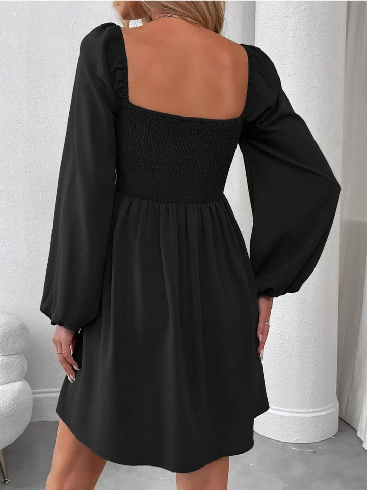 Ruched square-neck balloon sleeve A-line mini dress