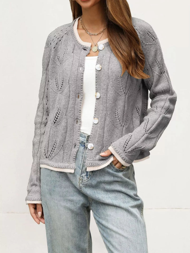 Grey Pointelle openwork knit button-down cardigan