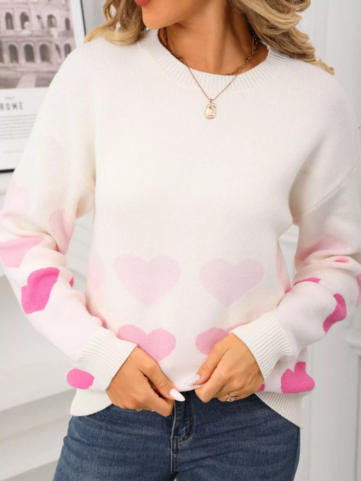 Apricot Heart pattern crew neck sweater with ribbed cuffs