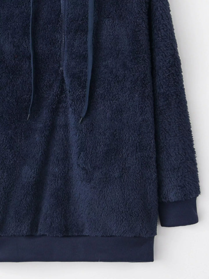 Plush half-zip fleece hoodie with drawstring hood and pockets