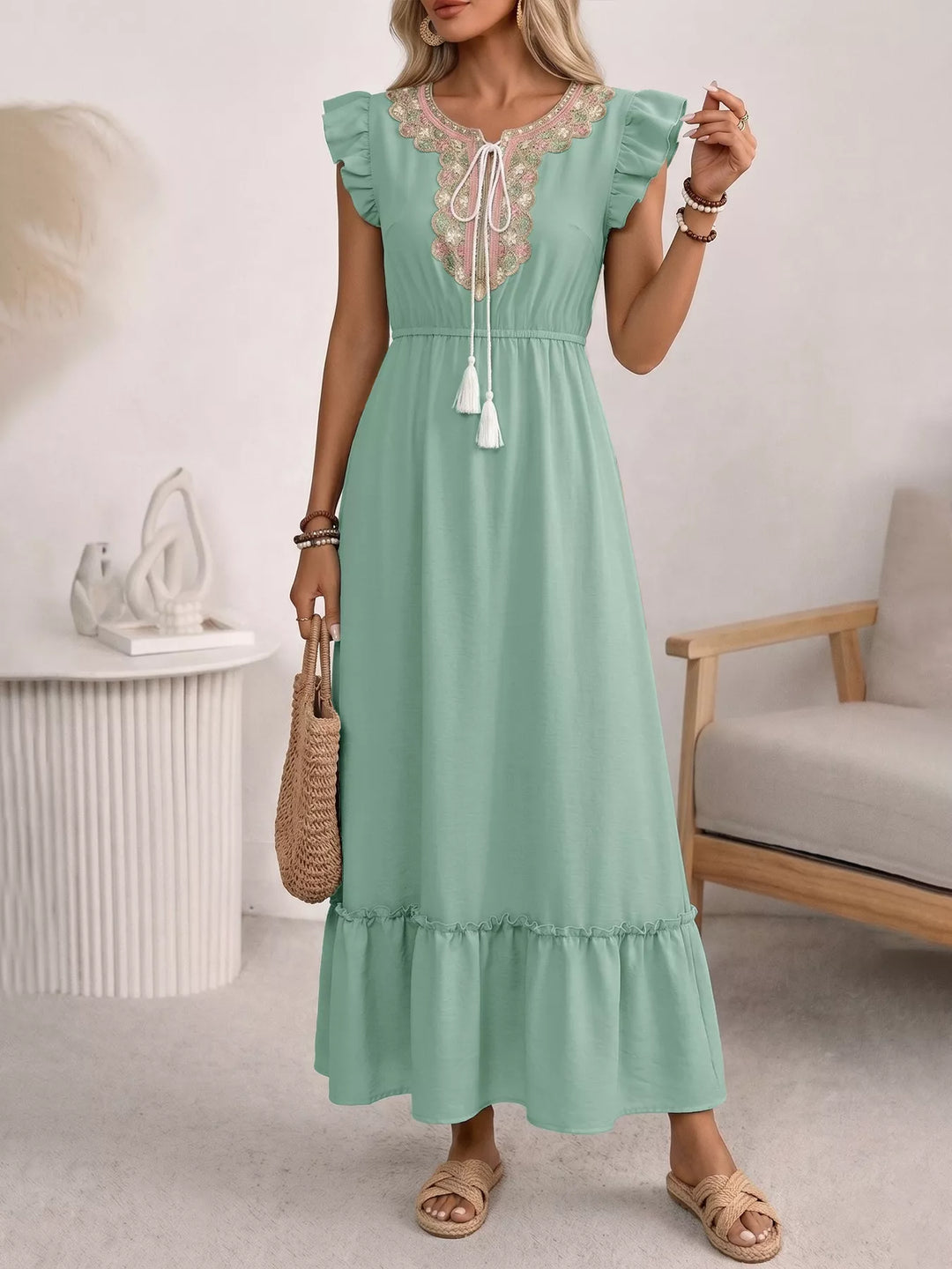Embroidered tie-neck flutter sleeve maxi dress