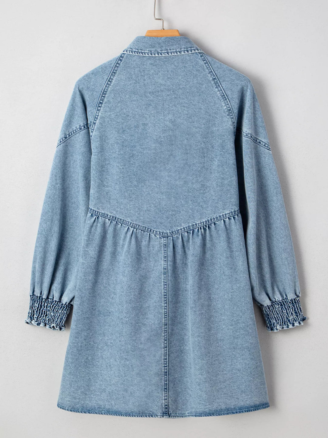 Smocked cuff flared denim mini shirt dress with patch pockets