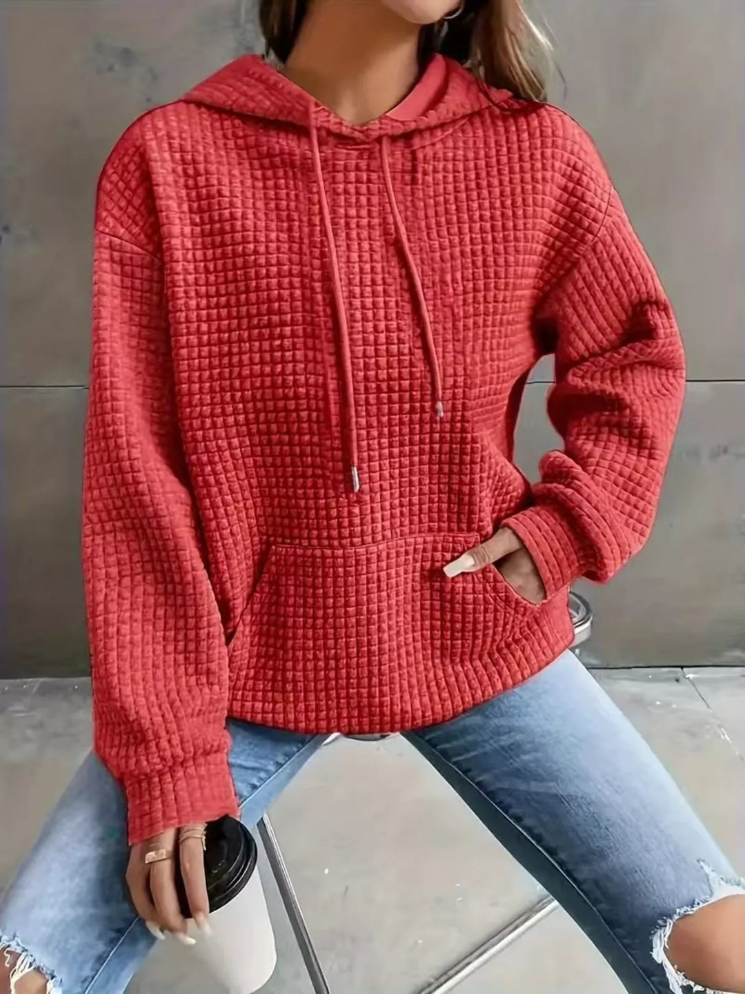 Red Textured waffle knit drawstring hoodie with kangaroo pocket