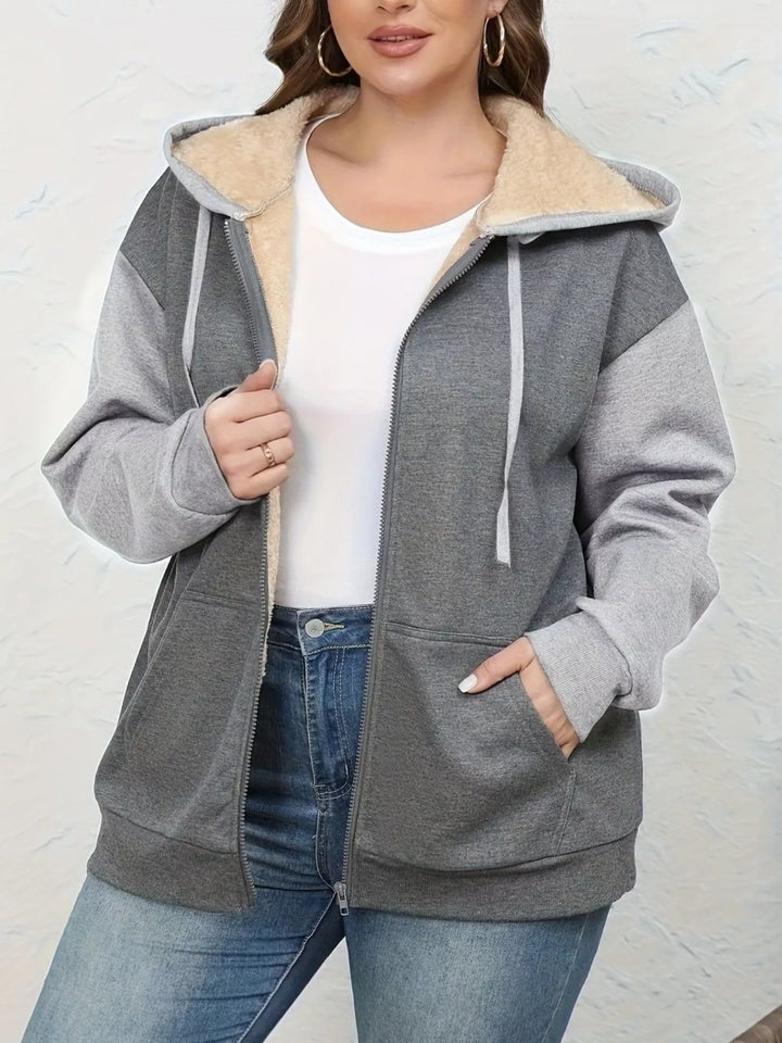Gray Sherpa-lined zip-up hoodie with colorblock sleeves