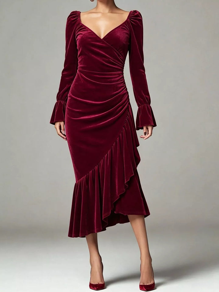 Burgundy Ruched velvet midi dress with ruffle hem and flared cuffs