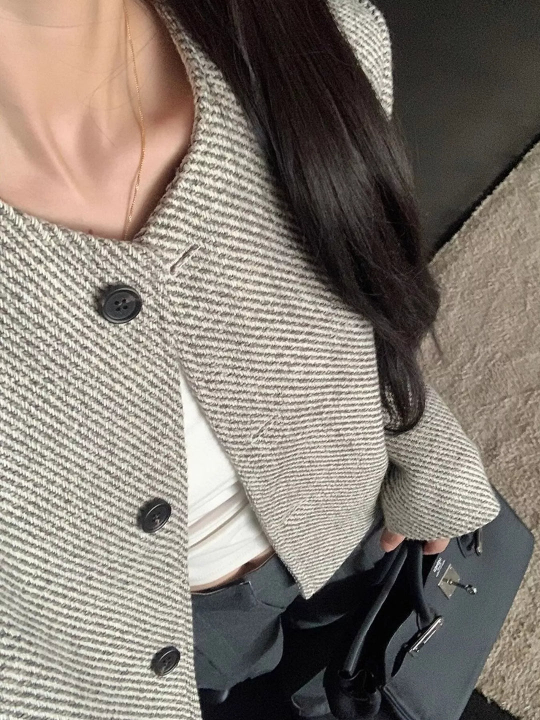 Collarless tweed cropped jacket with button front