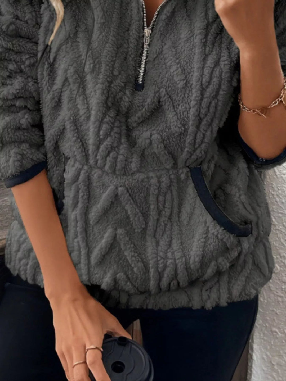Textured sherpa half-zip pullover with contrast trim