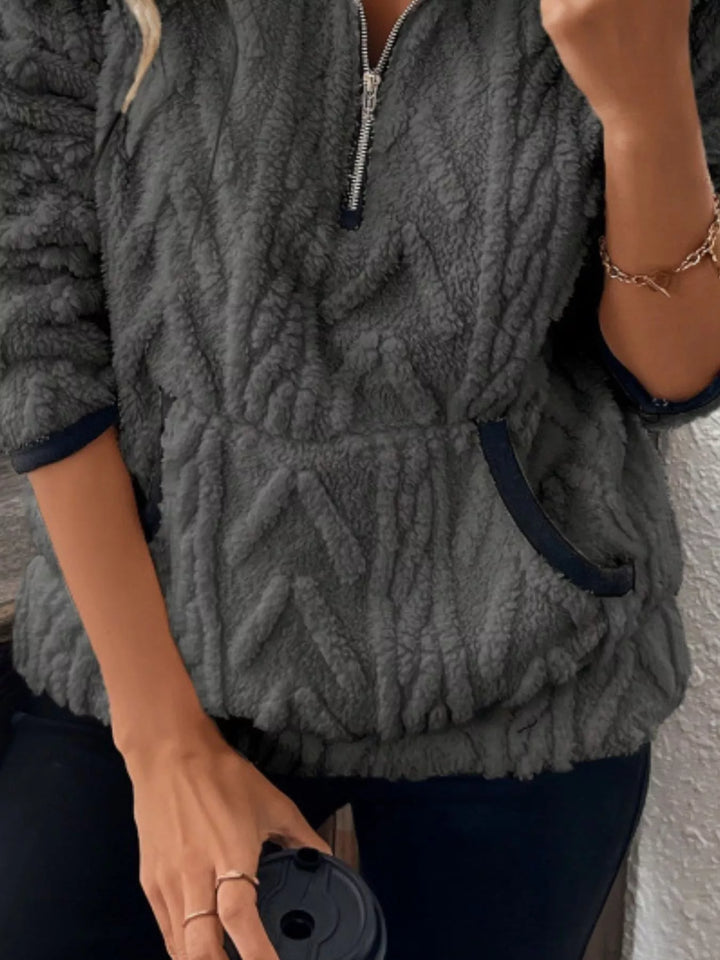 Textured sherpa half-zip pullover with contrast trim