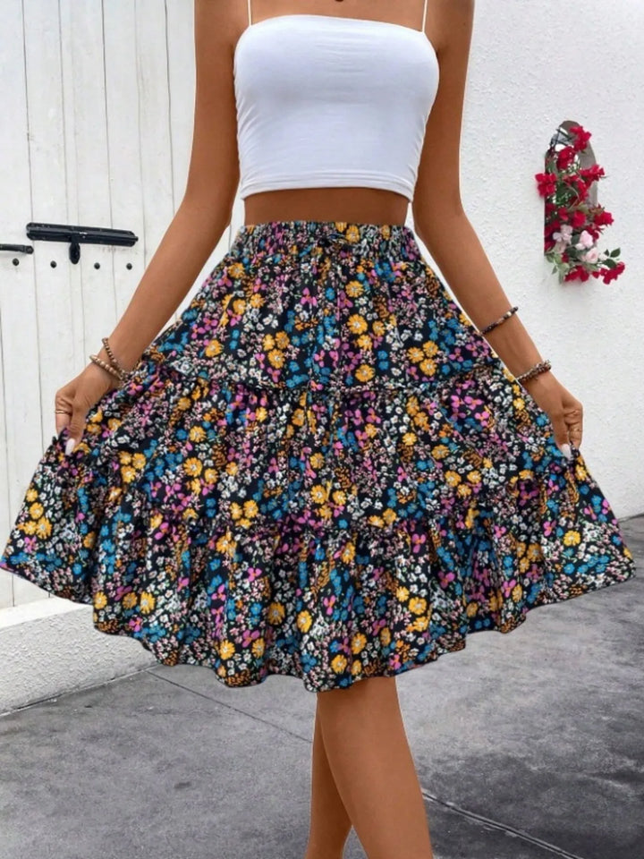 Floral print tiered ruffle mini skirt