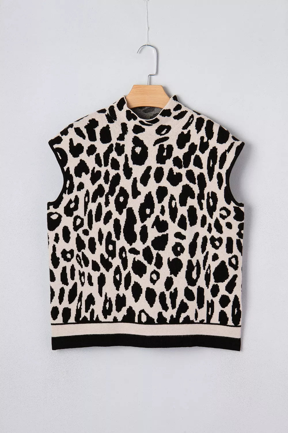 Leopard print mock neck cap sleeve sweater top