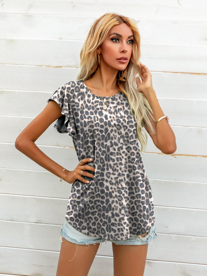 Ruffled butterfly cap sleeve round neck top