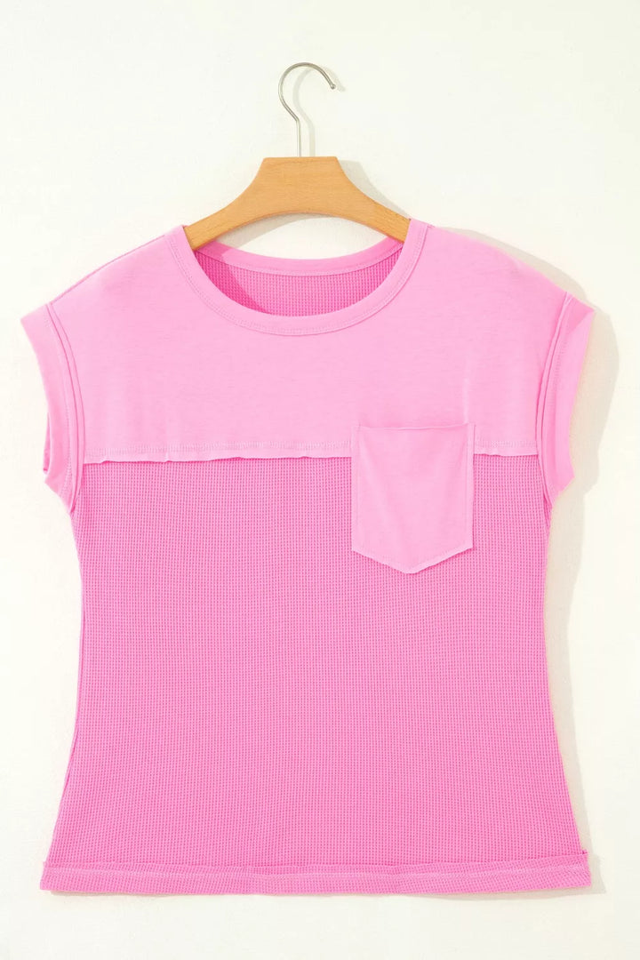 Waffle knit patchwork raw seam pocket tee
