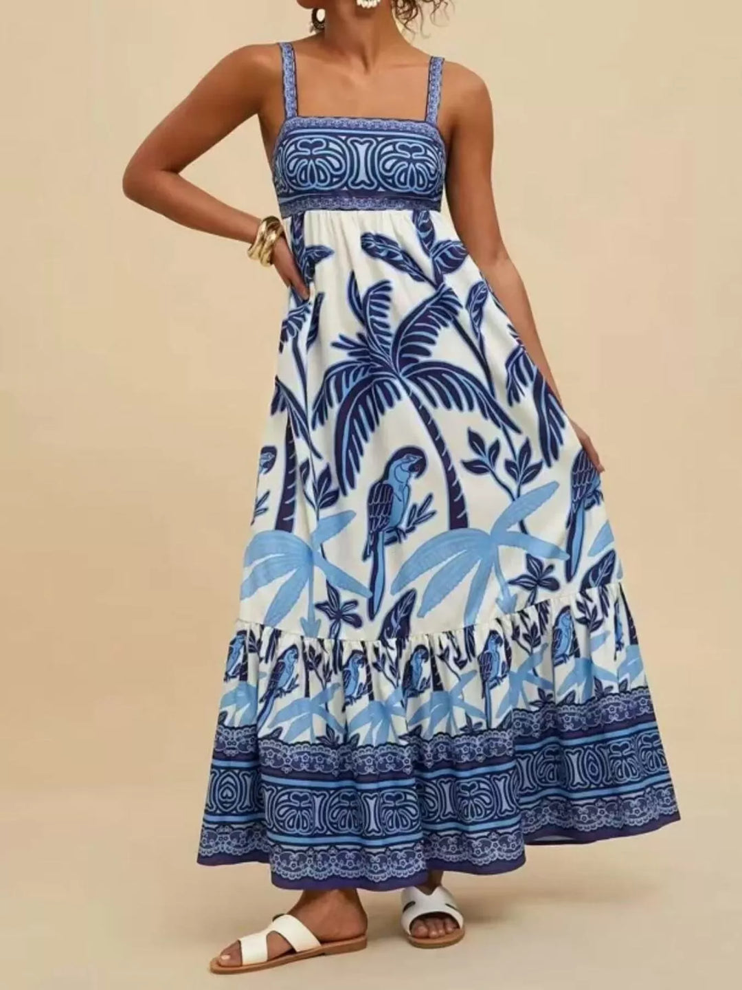 Tropical folk print square neck tiered maxi dress