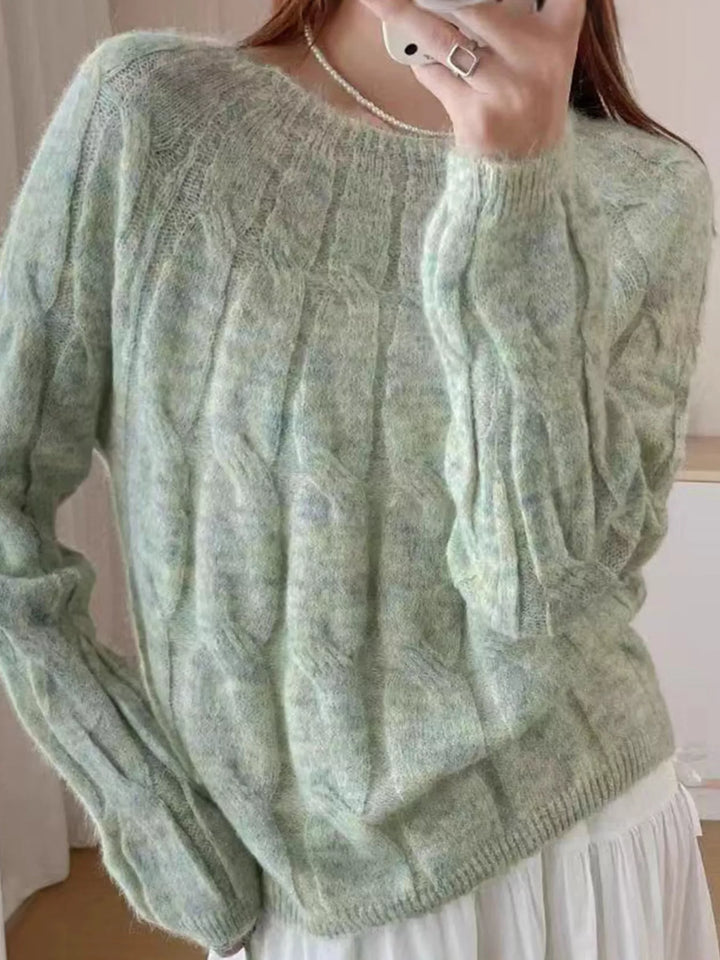 Green Cable-knit round neck pullover with ribbed cuffs and hem