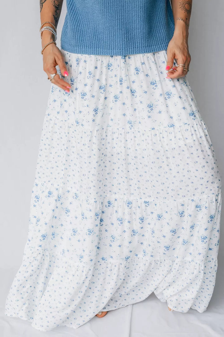 High-waist tiered floral boho maxi skirt