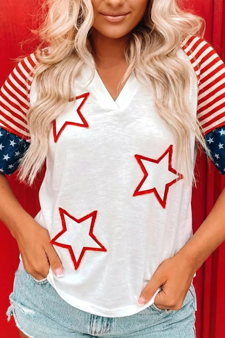 Star patch flag-inspired V-neck top with ruffle sleeves