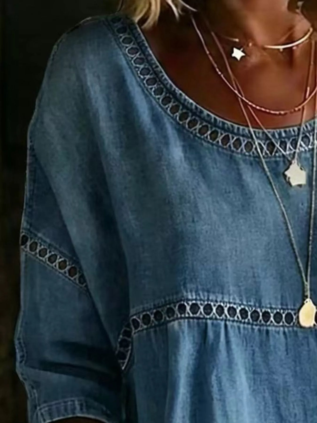 Floral print crochet-trim tunic top with 3/4 sleeves