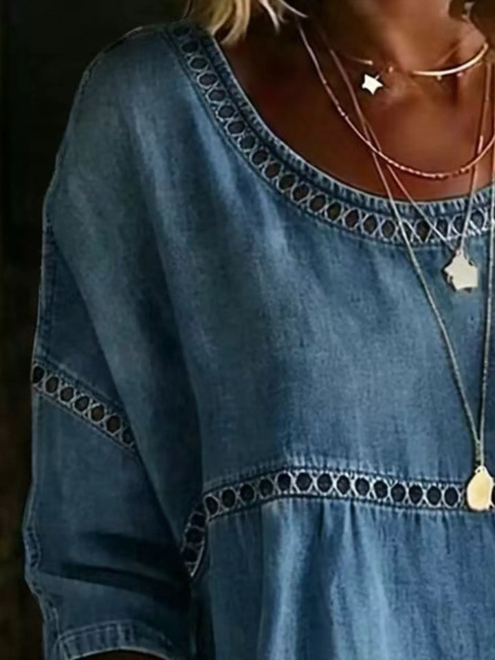 Floral print crochet-trim tunic top with 3/4 sleeves