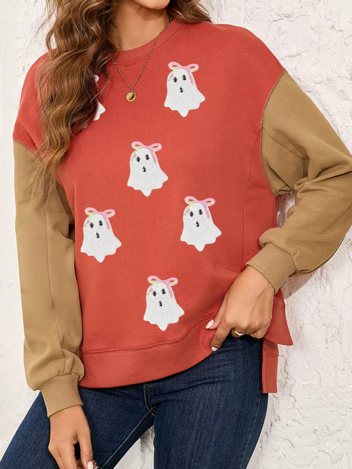 Sequin ghost patch color block crewneck sweatshirt