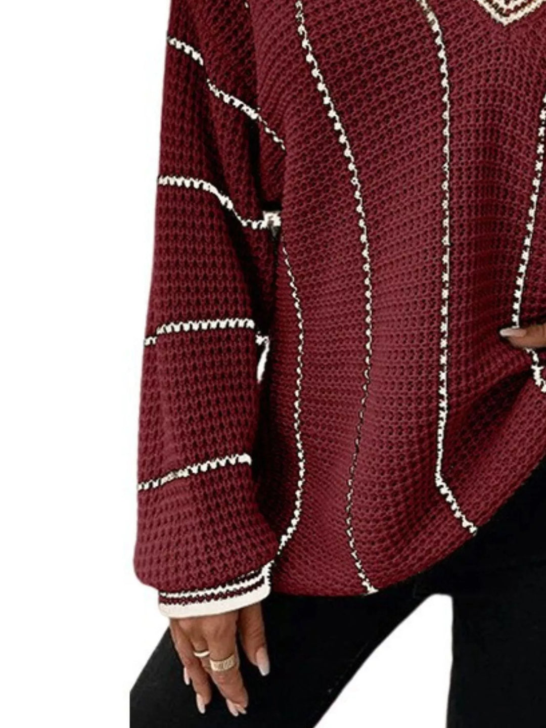 Waffle knit V-neck sweater with contrast stripe trim