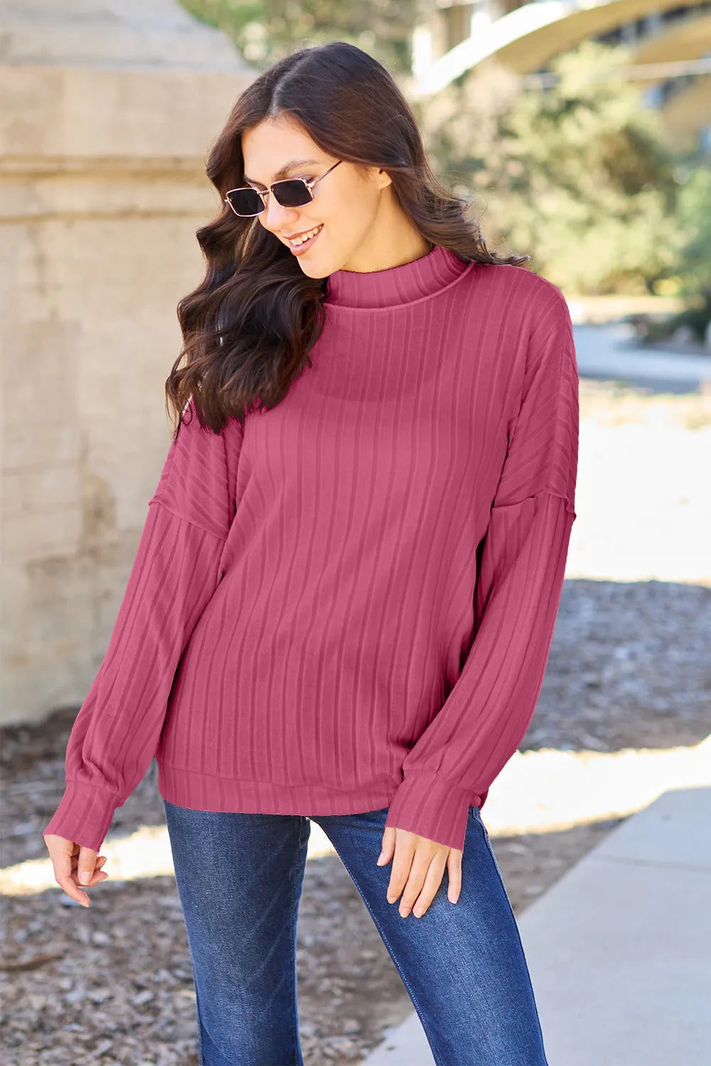 Hot Pink Ribbed exposed-seam mock neck knit top with drop shoulders