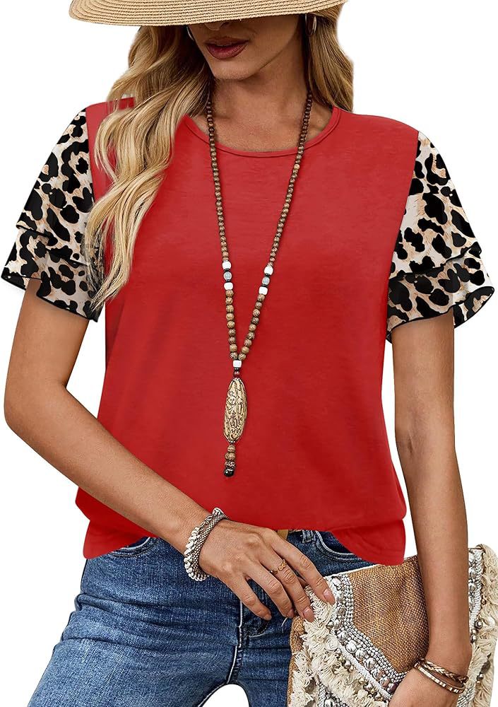 Layered leopard ruffle sleeve round neck top