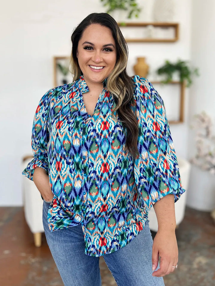 Abstract print balloon-sleeve button-down blouse