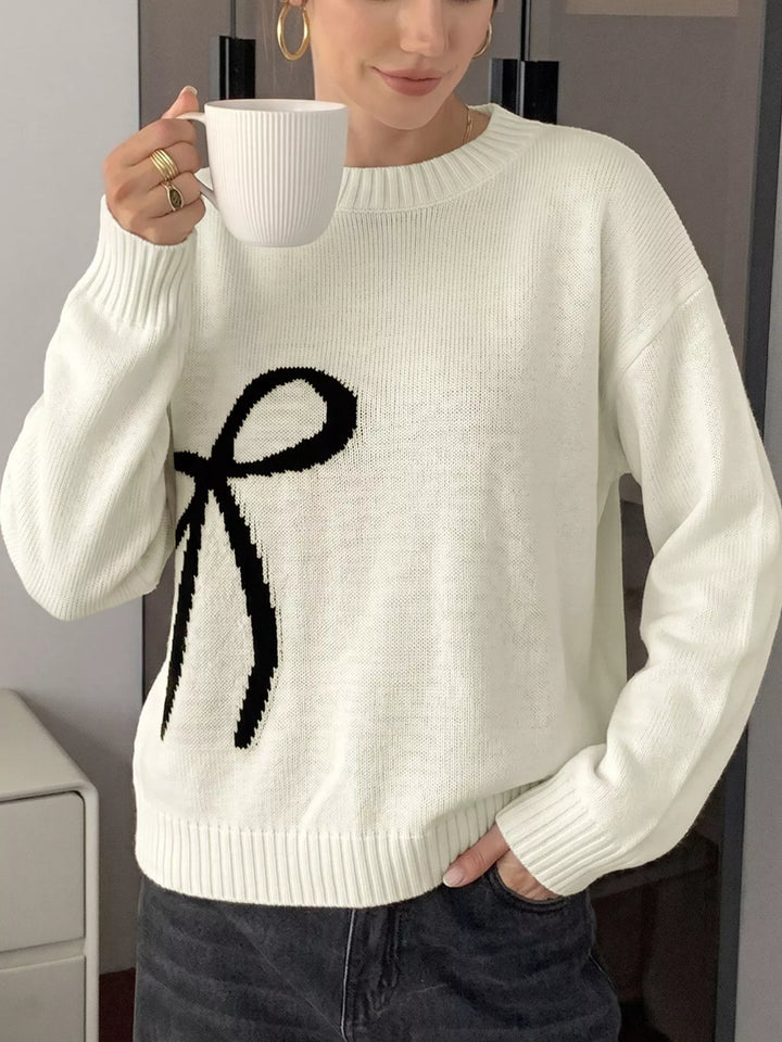 Bow graphic knit crewneck pullover sweater