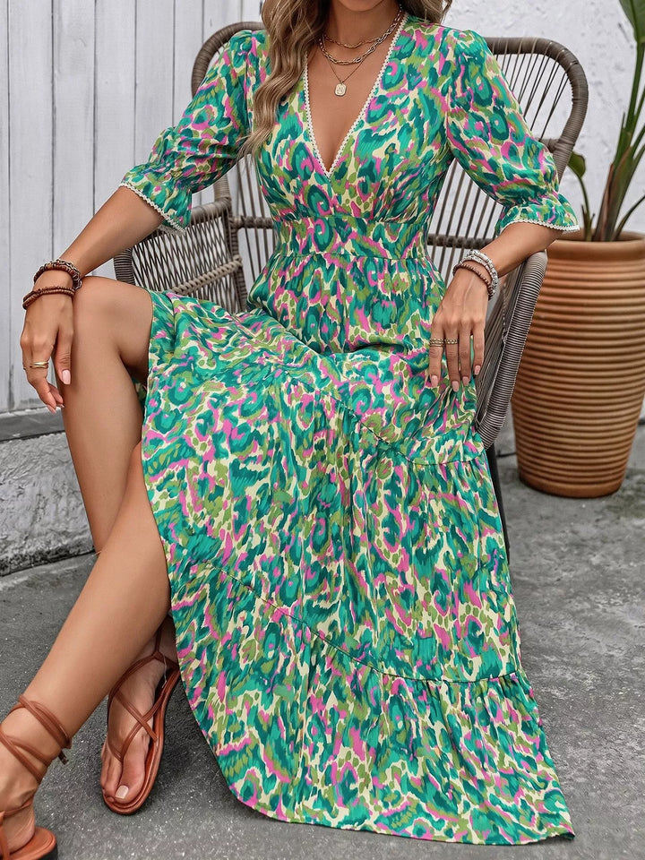 Abstract print v-neck flounce sleeve tiered maxi dress