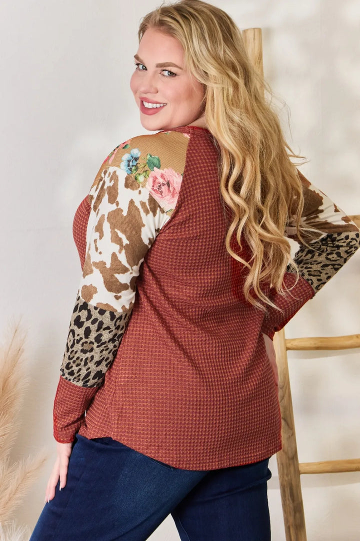 Waffle-knit top with leopard and floral print sleeves