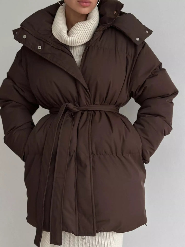 Dark Brown Belted puffer winter coat with snap-off hood
