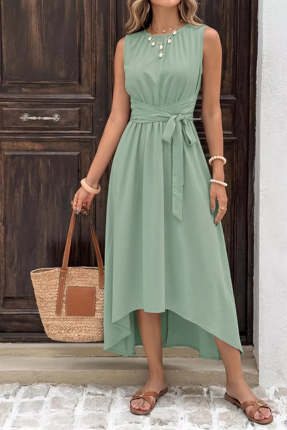 Sleeveless twist-front high-low A-line midi dress