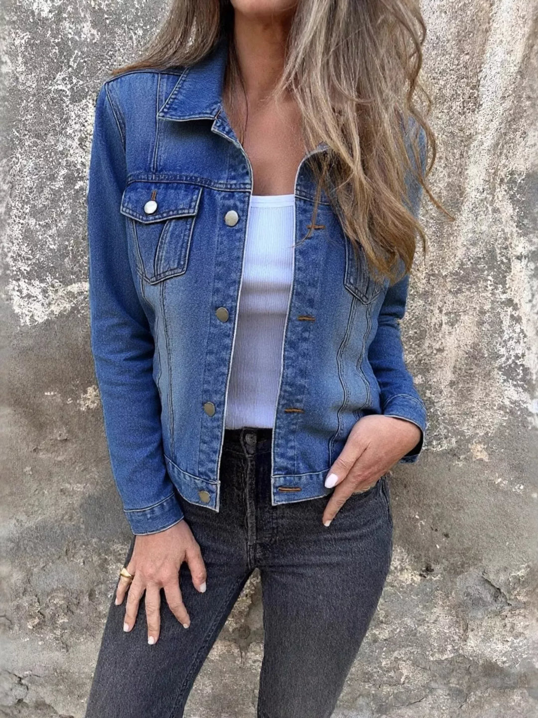 Dark Blue Button-front long sleeve denim jacket with chest flap pockets