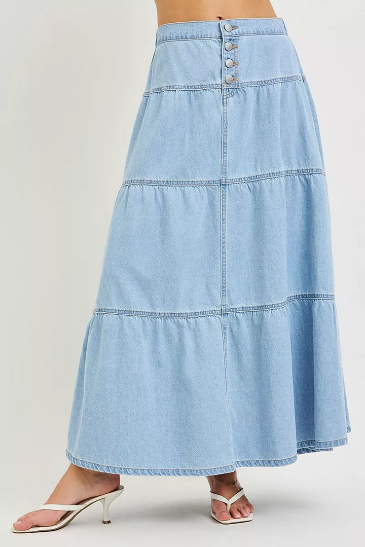 High-rise tiered denim maxi skirt with button-front