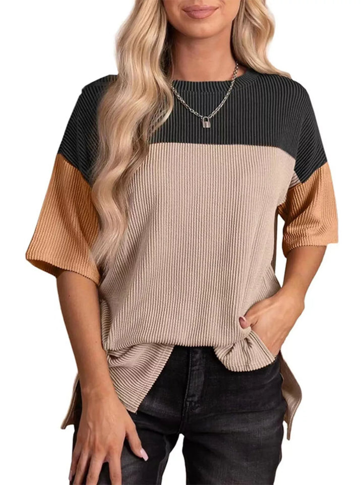Black Ribbed color block short sleeve top with side slits