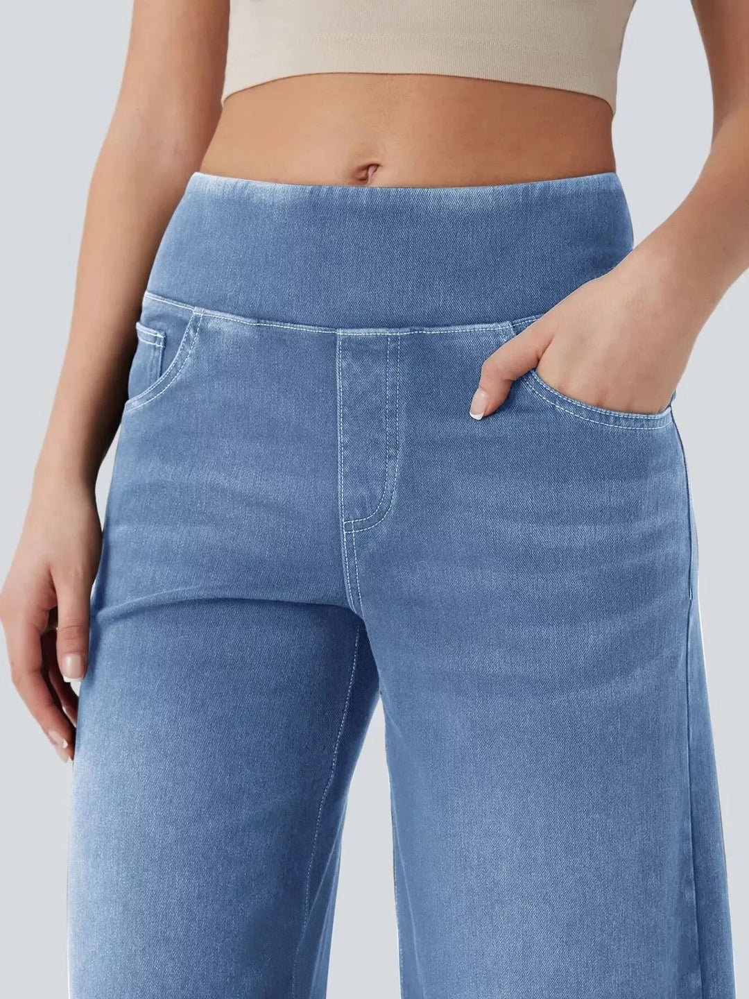 High-rise pull-on wide leg jeans with side pockets