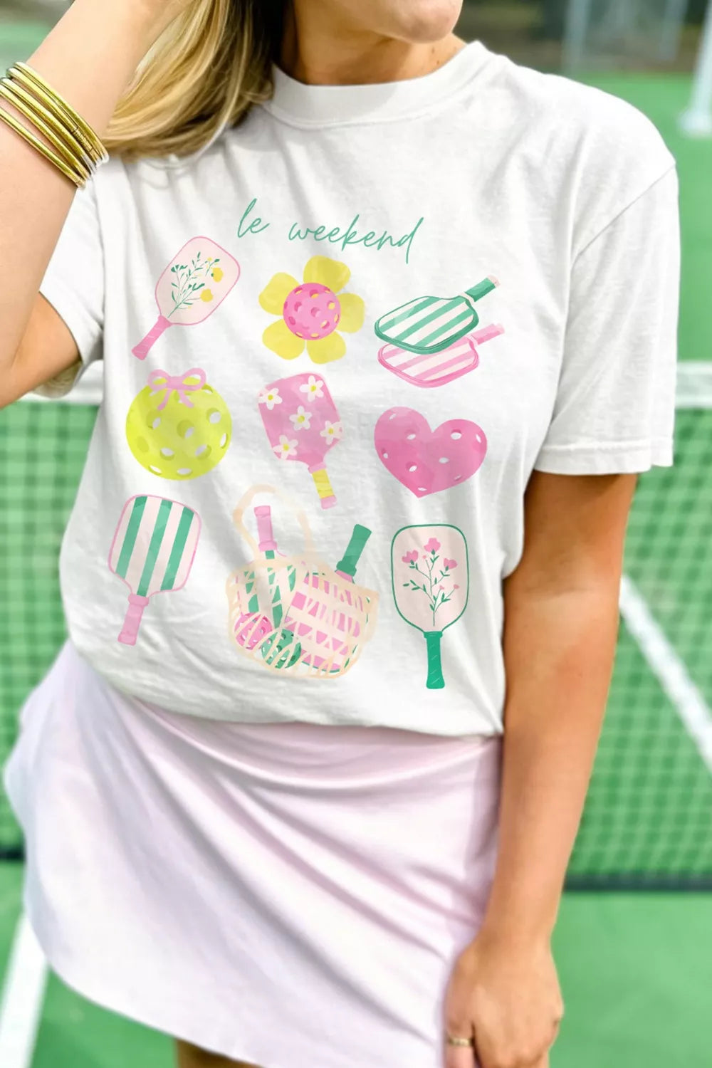 Le Weekend pickleball graphic short sleeve crew neck tee