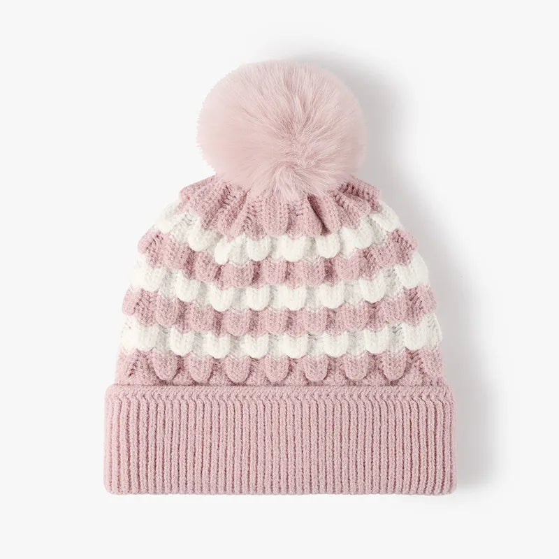 Blush Pink Striped scallop knit beanie with faux fur pom-pom