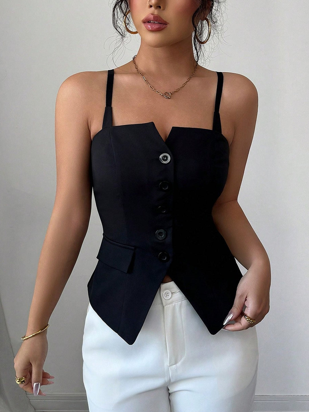 Button-front square-neck cami with asymmetric hem