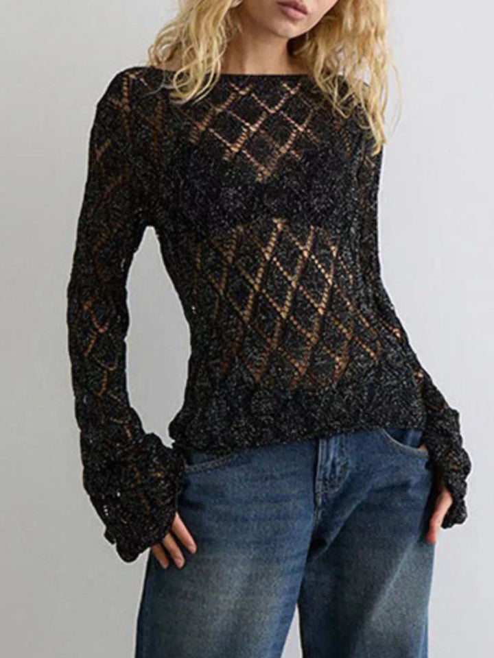 Sheer openwork knit long sleeve top with boat neck