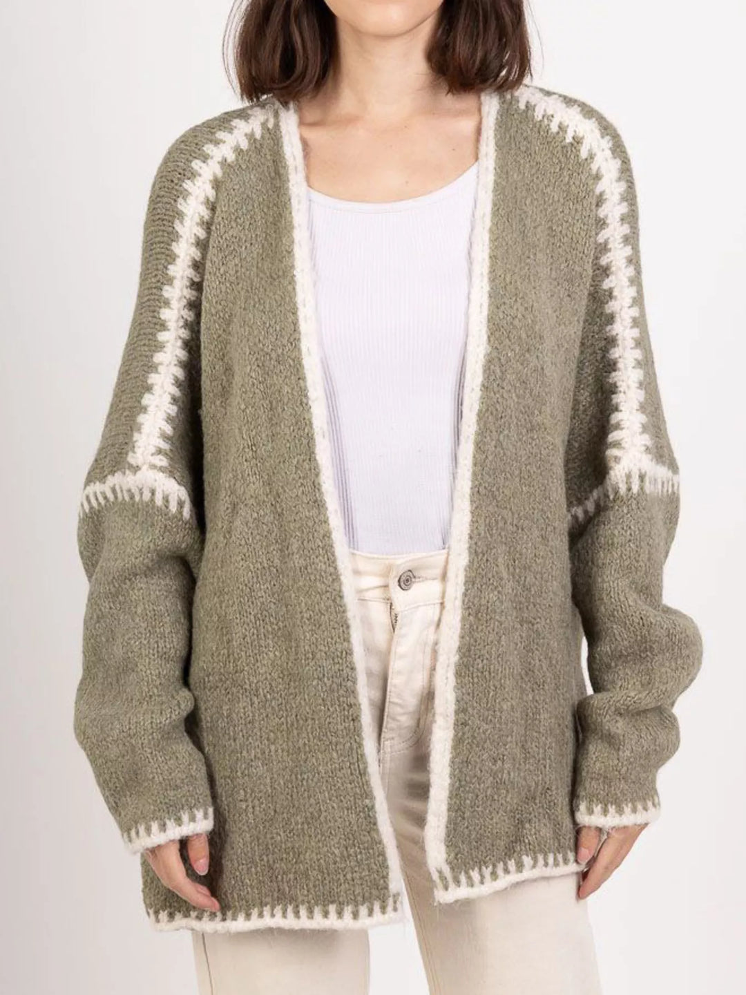 Contrast whipstitch trim open front knit cardigan