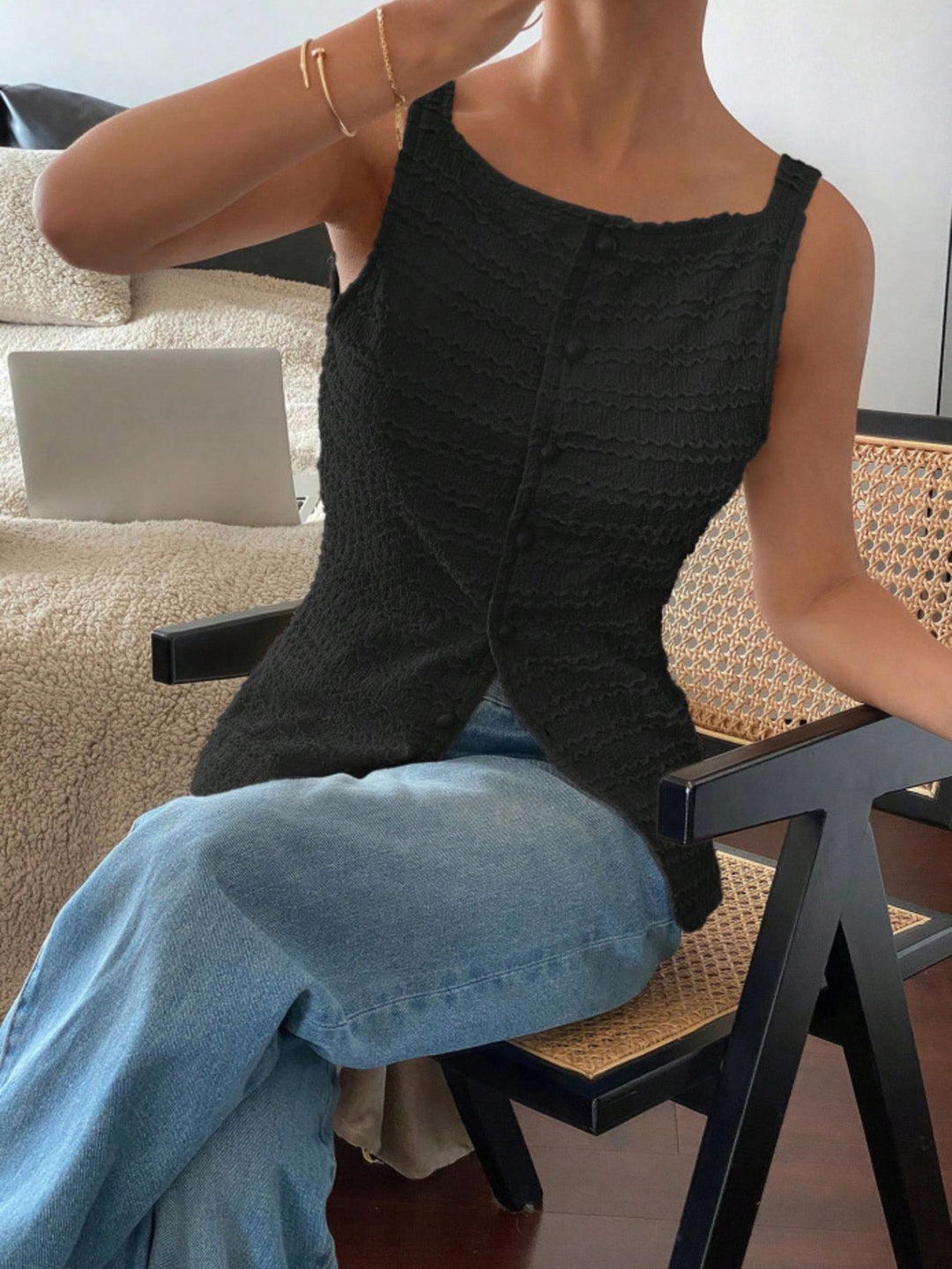Textured button-front tank with square neck and split hem