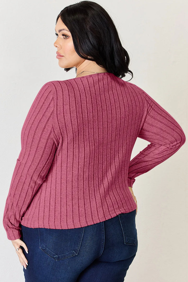 Ribbed scoop neck long sleeve fitted top