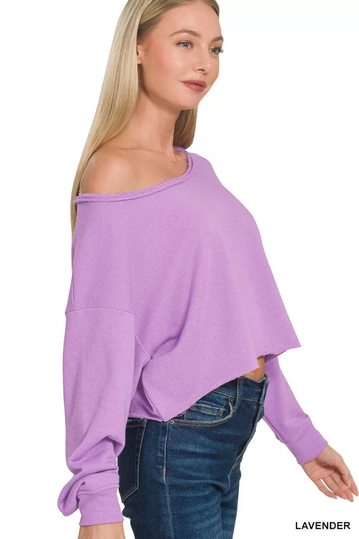 French terry boatneck crop top with raw hem