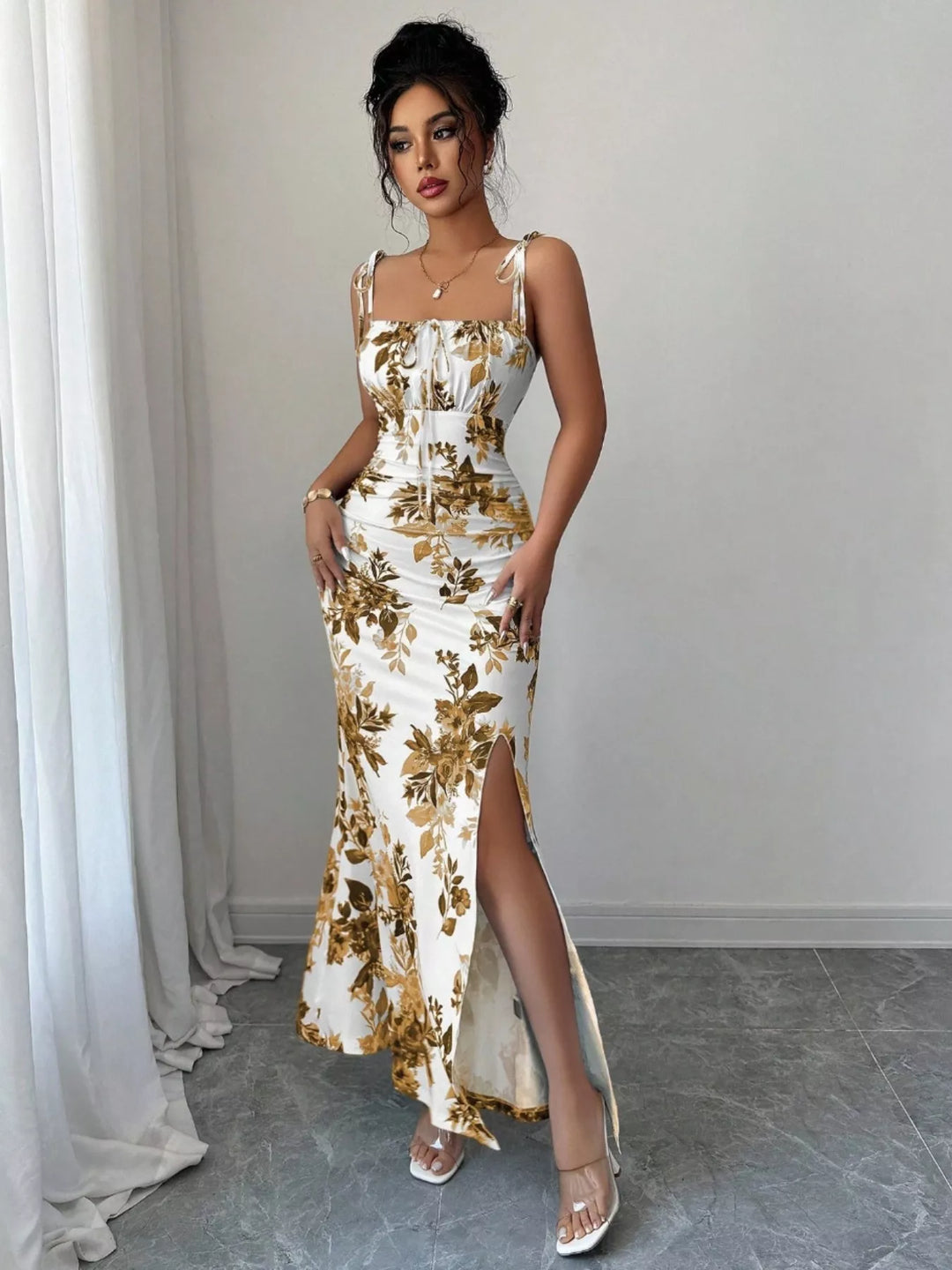 Floral print tie-strap maxi dress with side slit
