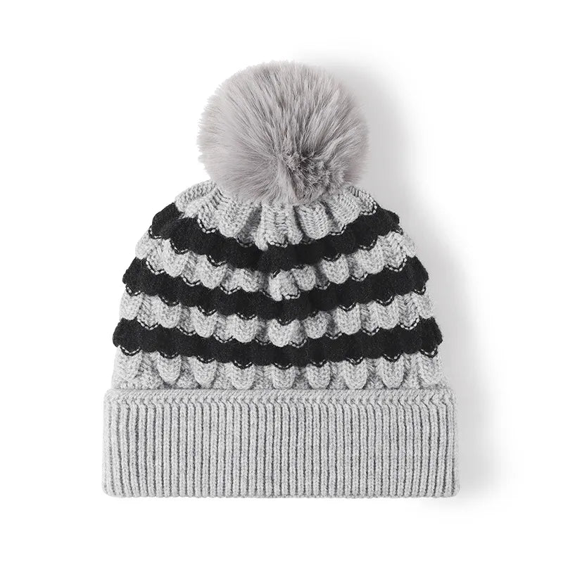 Gray Striped scallop knit beanie with faux fur pom-pom