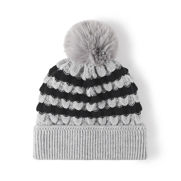 Gray Striped scallop knit beanie with faux fur pom-pom