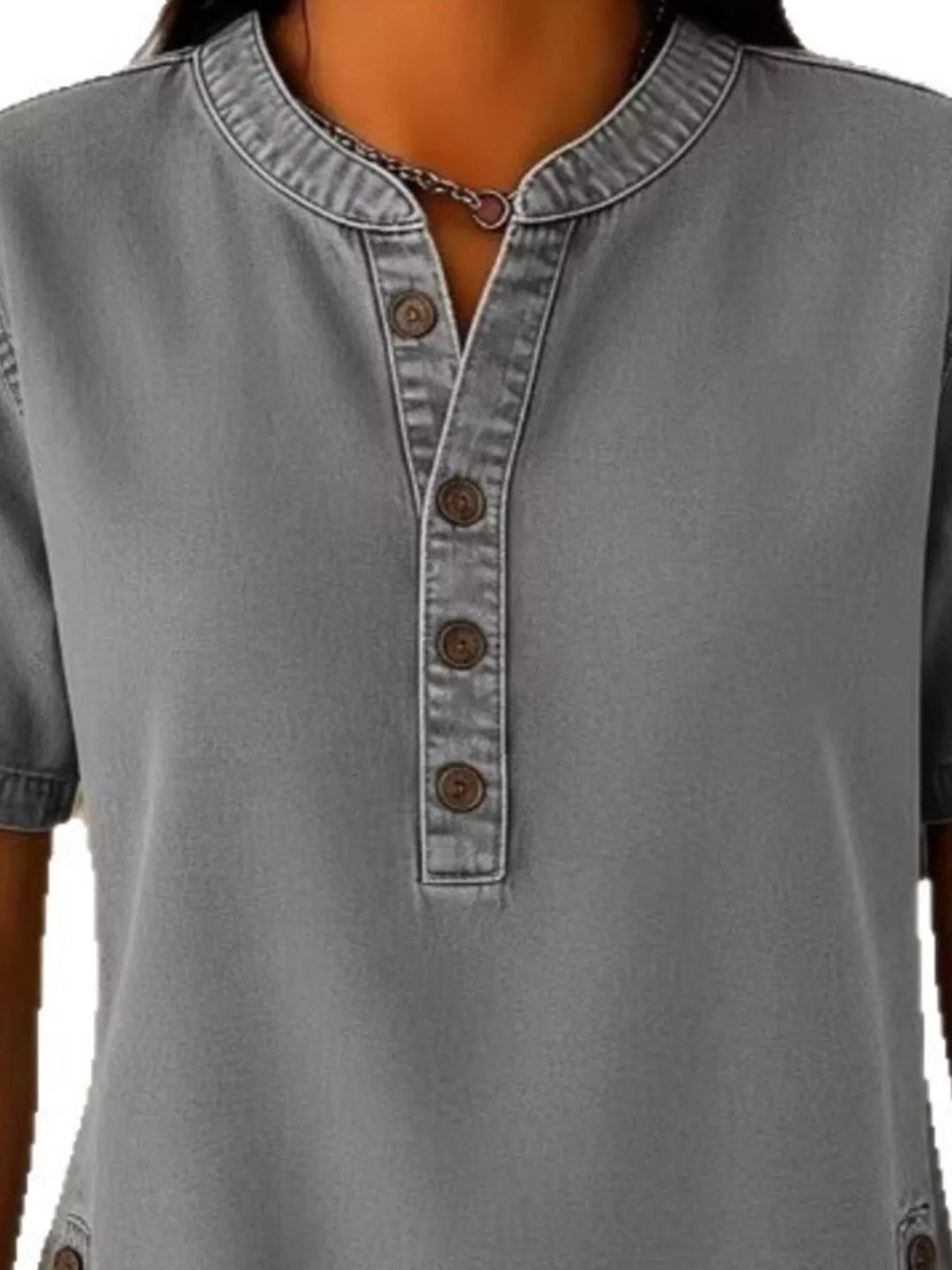 Denim-look button-front short sleeve blouse with side slits